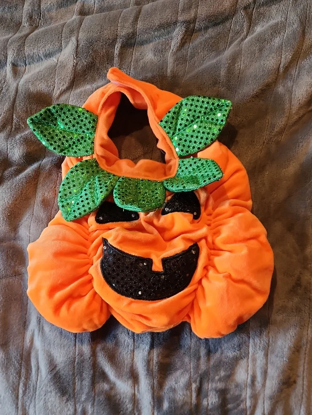 Dogs Pumpkin Costume Dress-Up in Bright Orange with Green Leaf Accents